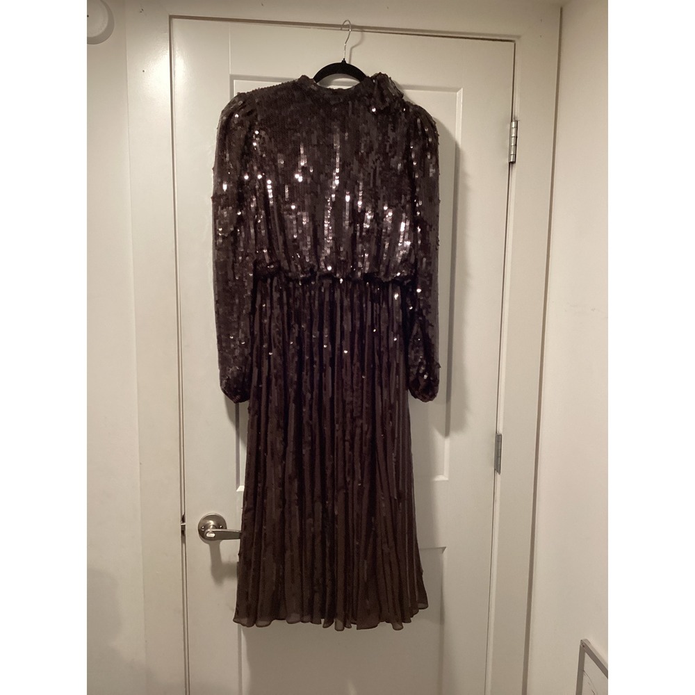 Mac Duggal Sequin Midi Dress Brown Long Sleeve Bow Shoulder 93642 Womens 8 NEW
